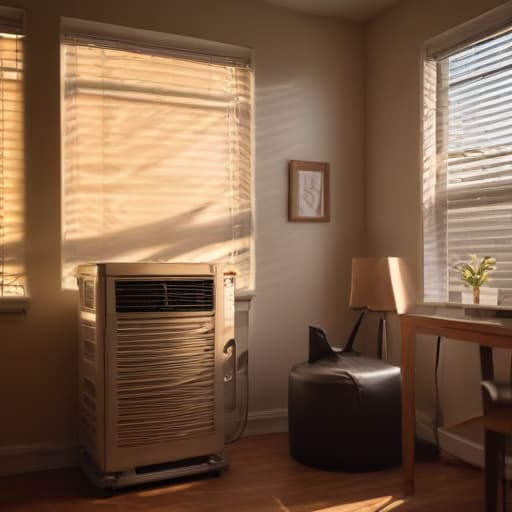 A photo of a professional technician inspecting an air conditioning unit in a modern home office during the late afternoon, with warm, golden sunlight streaming through partially closed blinds, casting dynamic patterns and shadows on the equipment and surrounding area.