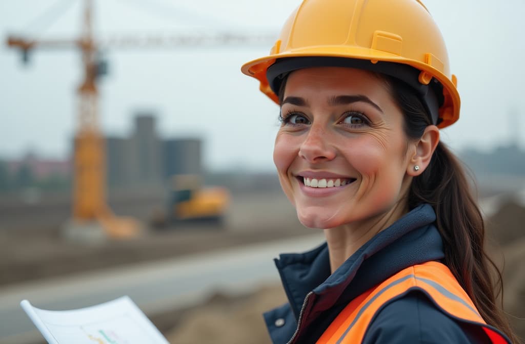  a female engineer in a helmet and with drawings at a construction site smiles, behind a large construction site. ar 3:2, (natural skin texture), highly detailed face, depth of field, hyperrealism, soft light, muted colors