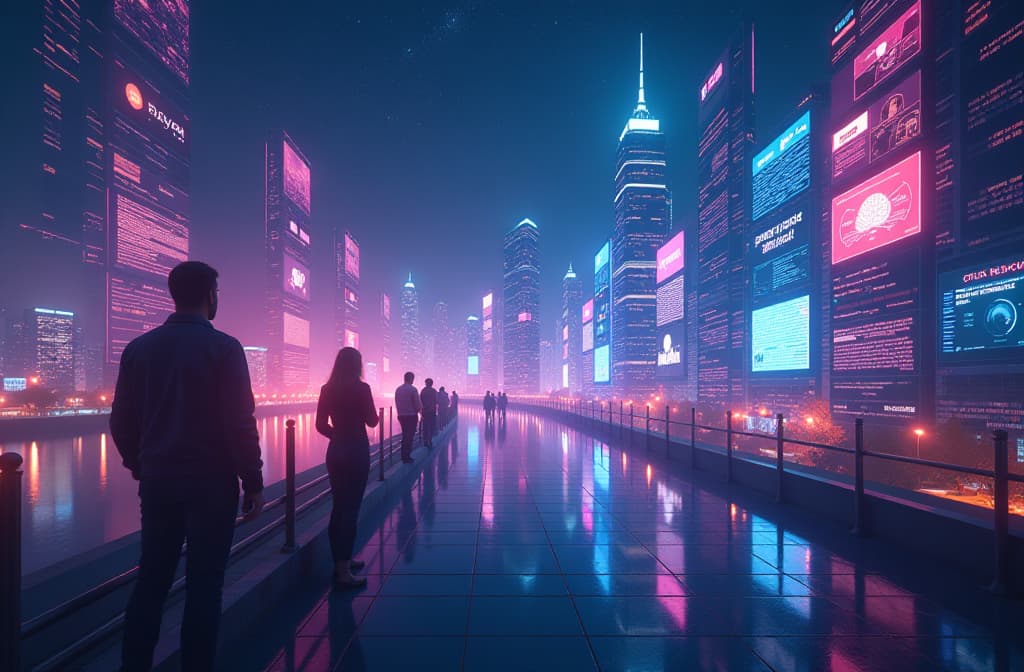  "create an imaginative digital landscape that embodies the concept of advanced artificial intelligence communication. depict a futuristic, luminous city bustling with holographic screens displaying flowing streams of dialogue, with vibrant neon colors reflecting a dynamic exchange of ideas. include abstract representations of neural networks intertwining with human silhouettes engaged in conversation, symbolizing the seamless interaction between technology and humanity. the atmosphere should feel lively, intelligent, and inviting, with a backdrop of stars twinkling in a digital night sky." hyperrealistic, full body, detailed clothing, highly detailed, cinematic lighting, stunningly beautiful, intricate, sharp focus, f/1. 8, 85mm, (centered image composition), (professionally color graded), ((bright soft diffused light)), volumetric fog, trending on instagram, trending on tumblr, HDR 4K, 8K