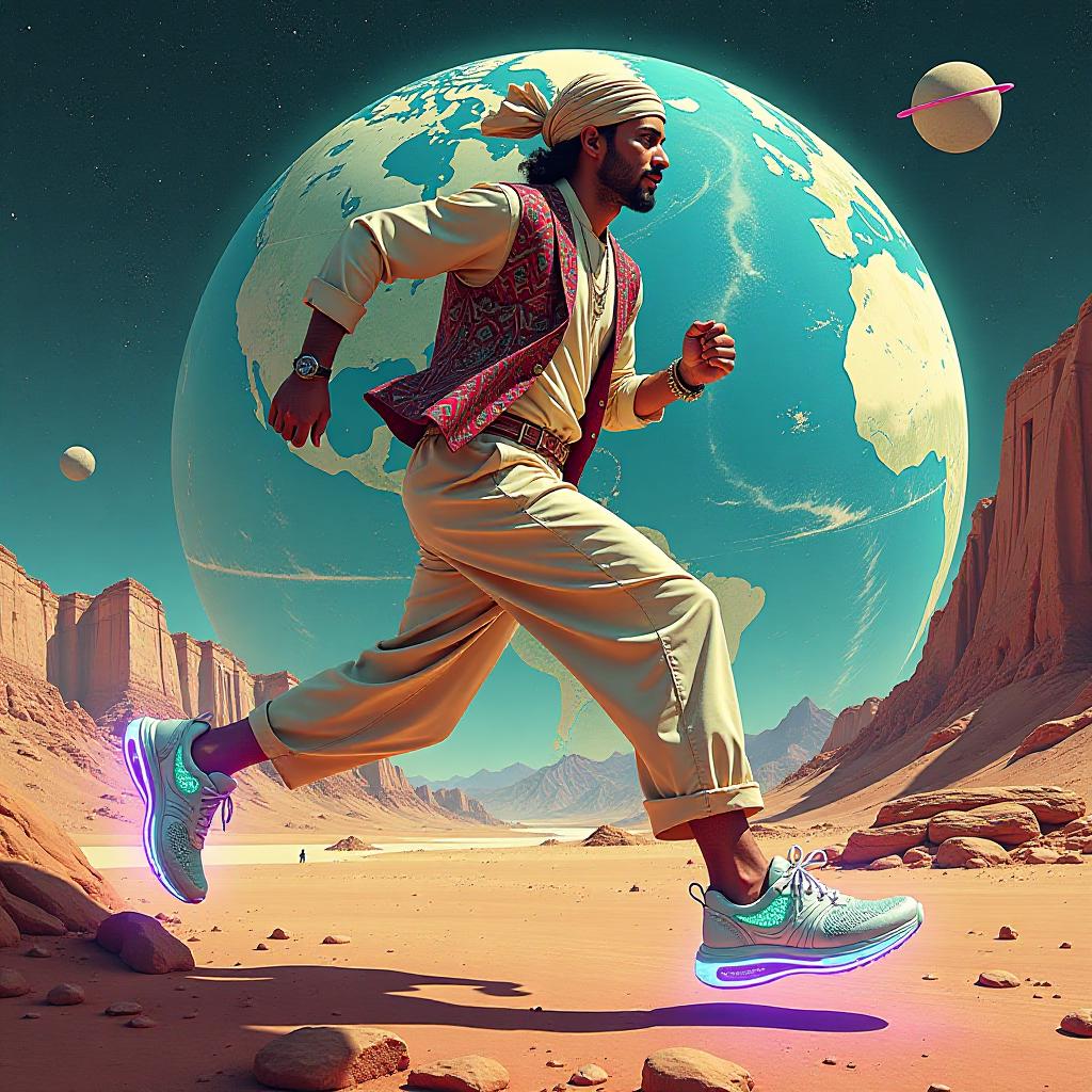  sci fi style (promotional image of sneakers:1.5). (large inscription on the image: "artgeneration.me super!":1.6). (multi layered composition, double exposure:1.4), a masterpiece. (a runner in oriental attire:1.4) (patterned silk vest, turban and trousers:1.5), in beautiful creative sneakers, enthusiastically runs around the globe at the sd of light. on the 's feet (grotesquely huge) shining crystal white (comfortable running shoes with purple wavy lines:1.5), (with emerald noses and geometric pattern:1.4). (sneakers are highlighted brightly) and accentuated (against the background of the rest of the ilration with a black marker:1.5). (creative advertising poster:1.4). a complex and colorful ilration of a scene