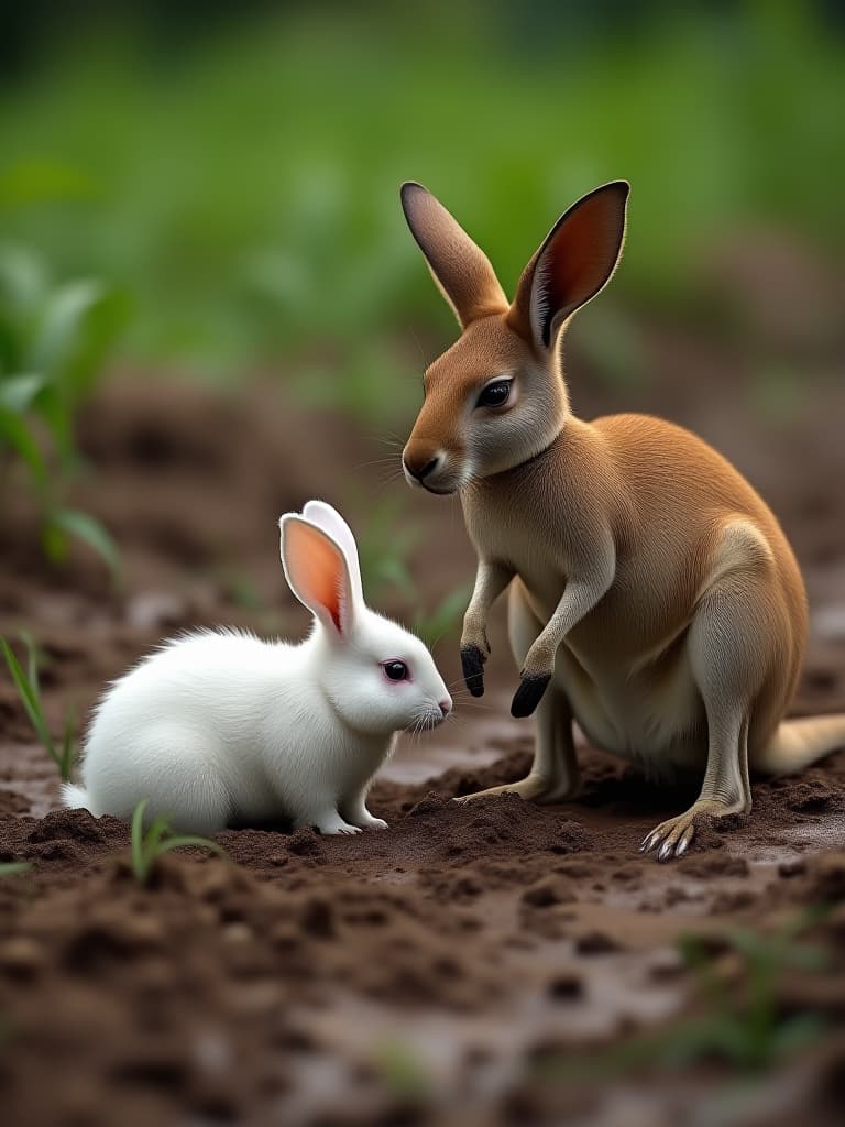  the mud is surrounded by gr. a white rabbit fell by the mud and a kangaroo fell in the mud。 photo realistic, highly intricate and detailed, masterpiece, ultra high res,photography,8k resolution