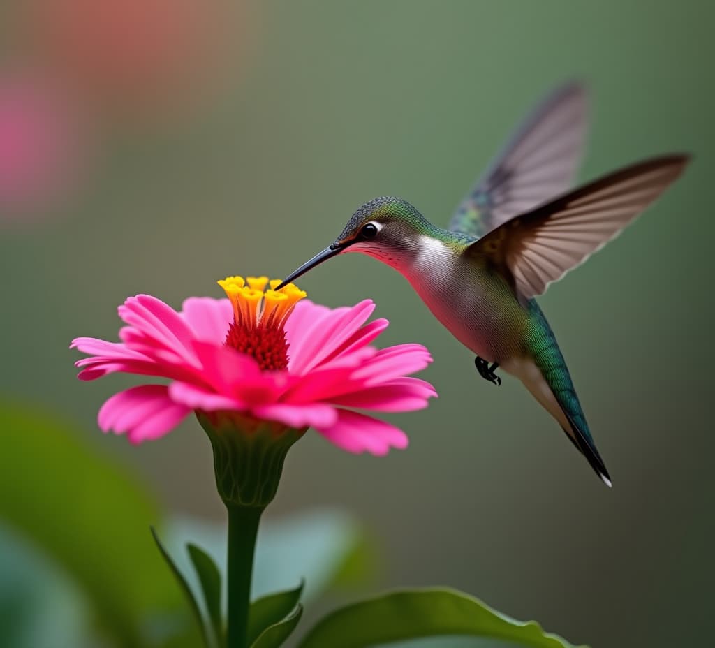  close up macro shot of a hummingbird in mid flight, sipping nectar from a vibrant flower . nature photography background wallpaper.