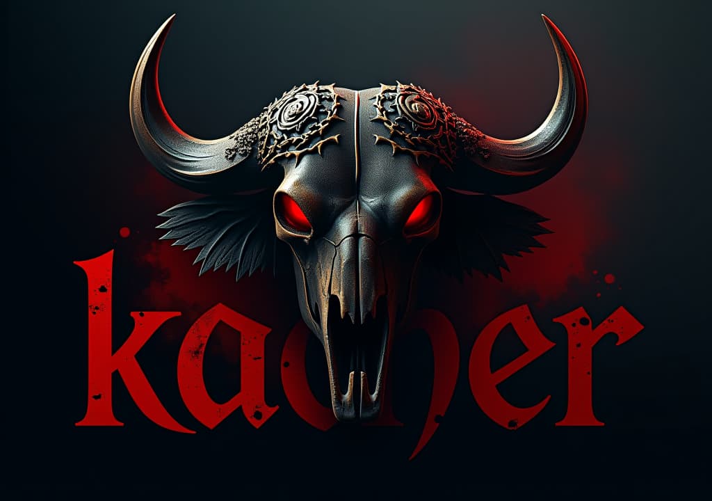  a dark and gritty, street style logo for "kacher", evoking a raw, rock and roll vibe. the design features a vintage, text "kacher",evil buffalo skull with glowing red eyes. the overall aesthetic is bloody, low contrast, and low saturation, with cinematic lighting casting long, dramatic shadows. the typography should be bold, gritty, and slightly distressed, reflecting the rough edges of the design. hyper detail, intricate details, sharp focus, high resolution, 8k, ultra detailed, vib