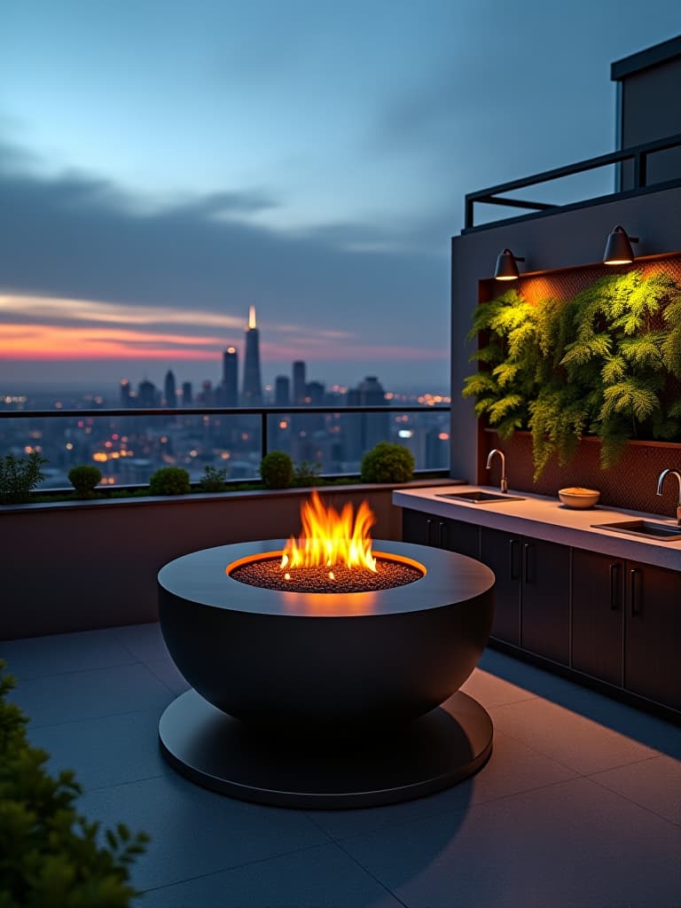  high quality portrait photo of an industrial chic rooftop patio featuring a custom metal fire pit grill, concrete countertops, and vertical herb garden, with a panoramic city skyline view, captured at dusk with moody lighting hyperrealistic, full body, detailed clothing, highly detailed, cinematic lighting, stunningly beautiful, intricate, sharp focus, f/1. 8, 85mm, (centered image composition), (professionally color graded), ((bright soft diffused light)), volumetric fog, trending on instagram, trending on tumblr, HDR 4K, 8K