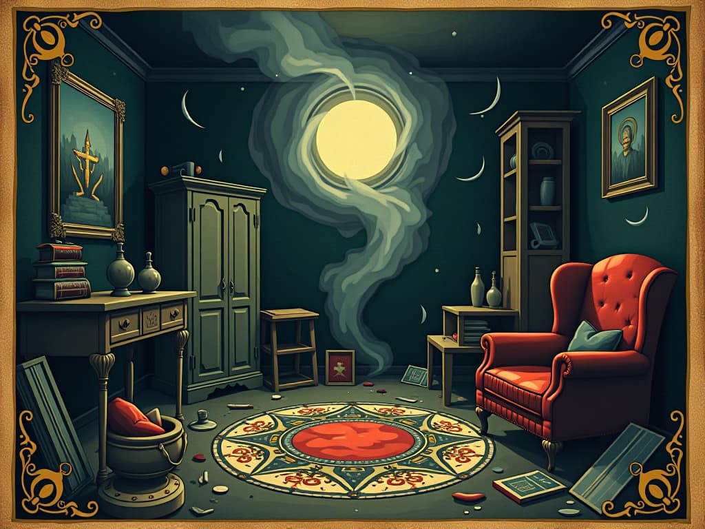  room cluttered with broken items, dark energy swirling around them, sense of imbalance, chaotic, heavy atmosphere.. an illustration in the style of a worn, mystical old tarot trump card, mysterious and elements of surrealism. the colors are muted, somber and eerie, but with contrast bring out an occult and esoteric vibe.