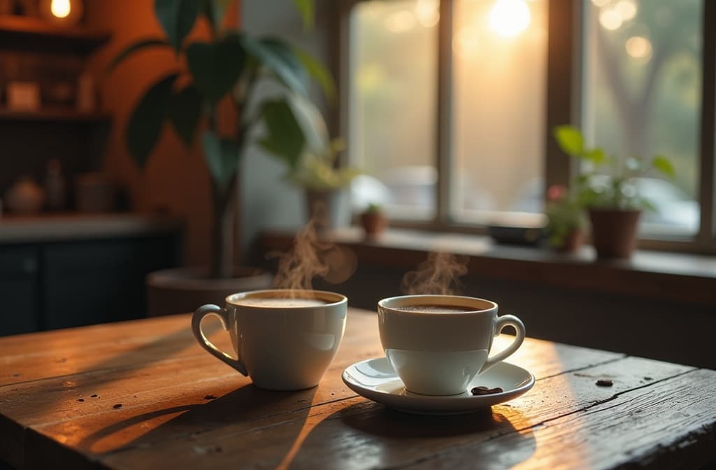  "an inviting scene in a cozy café, featuring a steaming cup of chai tea on a rustic wooden table. in the background, an abstract representation of a digital interface glows softly, symbolizing a conversation between humans and artificial intelligence. soft light filters through large windows, casting warm shadows, while a plant adds a touch of nature to the tech infused atmosphere. the overall mood is warm and welcoming, blending the comforting vibe of traditional tea culture with modern technology." hyperrealistic, full body, detailed clothing, highly detailed, cinematic lighting, stunningly beautiful, intricate, sharp focus, f/1. 8, 85mm, (centered image composition), (professionally color graded), ((bright soft diffused light)), volumetric fog, trending on instagram, trending on tumblr, HDR 4K, 8K