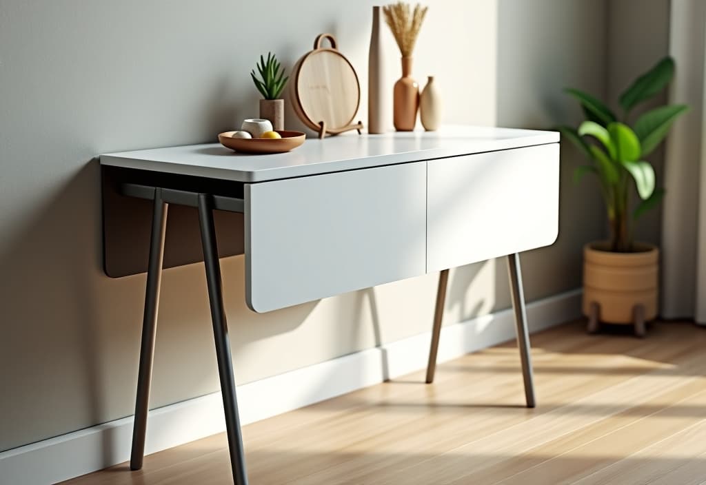  a landscape photo of a modern, wall mounted drop leaf kitchen island with sleek metal legs and a glossy white surface, shown in both extended and folded positions hyperrealistic, full body, detailed clothing, highly detailed, cinematic lighting, stunningly beautiful, intricate, sharp focus, f/1. 8, 85mm, (centered image composition), (professionally color graded), ((bright soft diffused light)), volumetric fog, trending on instagram, trending on tumblr, HDR 4K, 8K