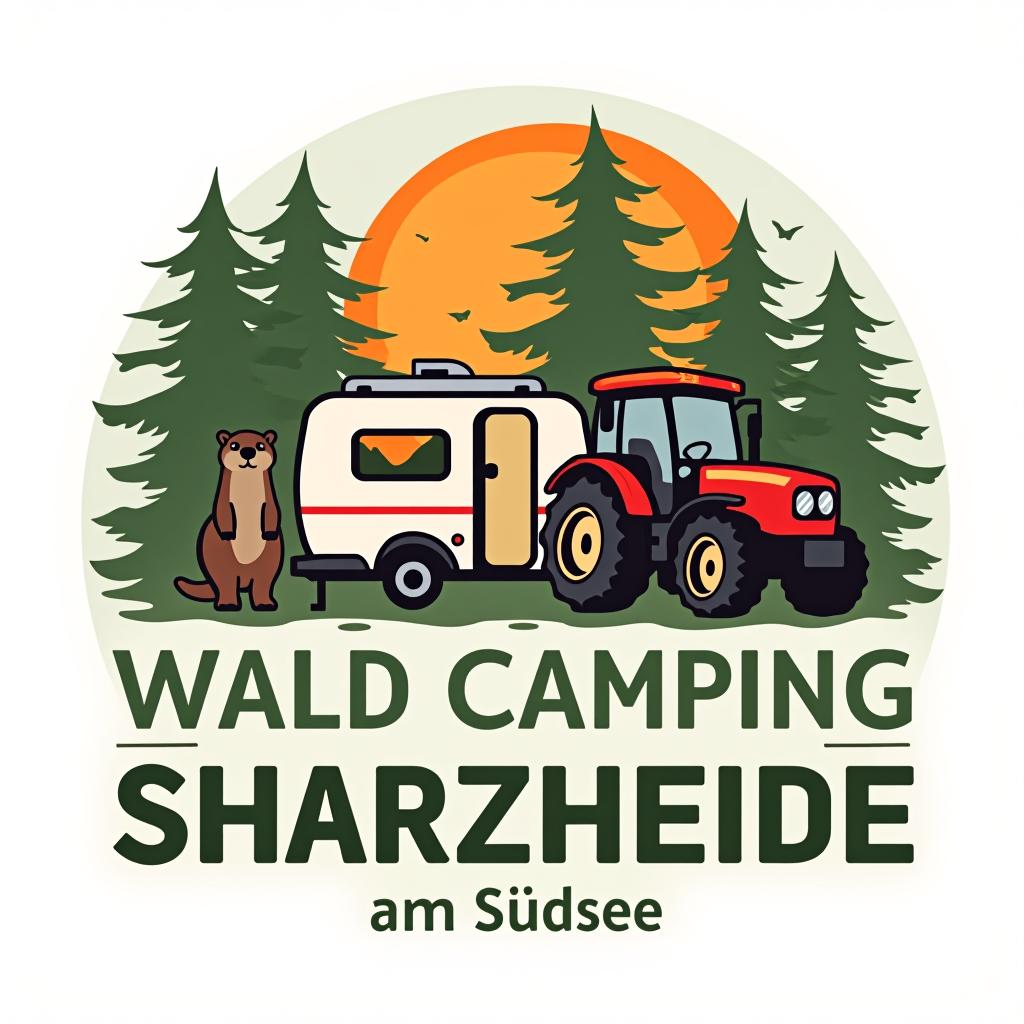  design a logo, für einen campingplatz. zelt,wohnwagen, ein otter,ein alpaka, traktor,wald und see. der name des campingplatz, wald camping schwarzheide am südsee