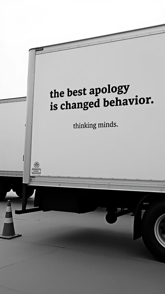  the image shows the side of a large truck, likely a moving truck or a delivery vehicle, with a message written on it in bold, uppercase black letters. the text reads: "the best apology is changed behavior." below this main text, in smaller, uppercase letters, there is a phrase that reads: "thinking minds." the photo is in black and white, and the truck is parked in an outdoor setting. there is another truck visible in the background, partially obscured by the first one. in the foreground, there is a traffic cone on the ground. the overall atmosphere is calm and neutral, with a focus on the message displayed on the truck.