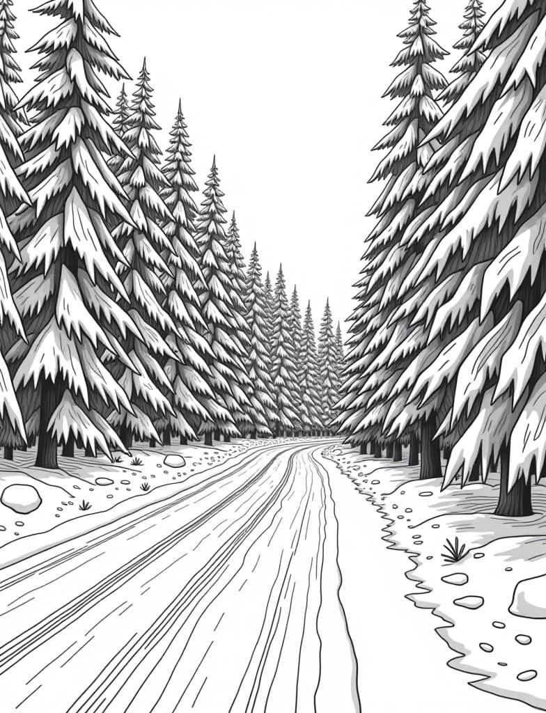  this is for an adult coloring page. a detailed black and white line art of a snowy snow covered road winding through a snowy forest on a solid white background.