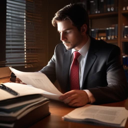 A photo of a car accident attorney reviewing case files in a dimly lit office during the late evening with a single spotlight casting dramatic shadows on the paperwork.