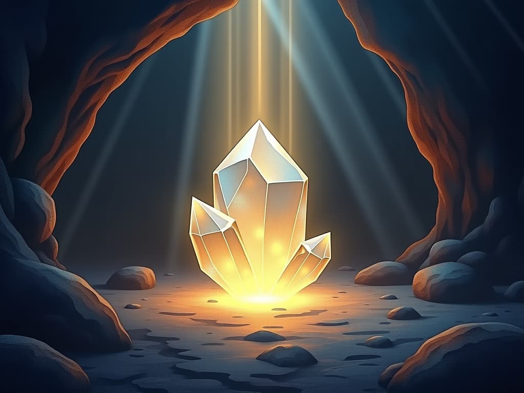  a radiant crystal emitting beams of light in a dark cave, providing clarity and direction. sheer, illuminating, crystalline.. the style is digital art illustration,highly detailed, whimsical,magical, dreamlike atmosphere, realism and fantasy blend, smooth, glossy textures,luminous quality, wonder and enchantment.