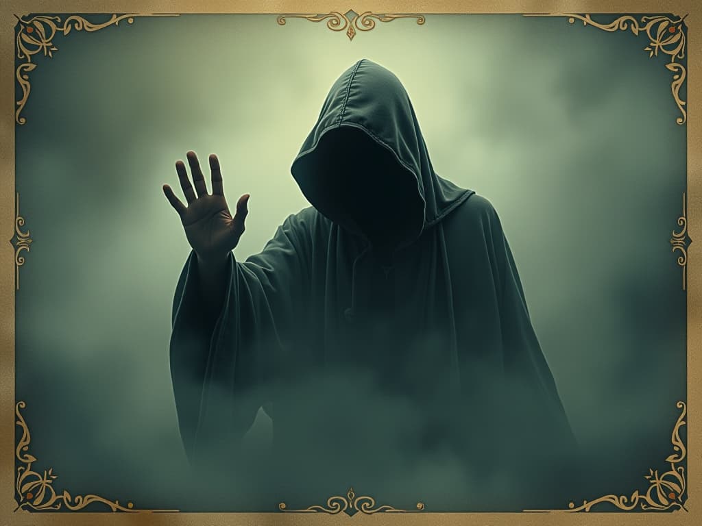  a hooded figure emerging from the mist, reaching out with a hand, faint light breaking through the dense fog, hidden face, sense of deceit and nostalgia. an illustration in the style of a worn, mystical old tarot trump card, mysterious and elements of surrealism. the colors are muted, somber and eerie, but with contrast bring out an occult and esoteric vibe.