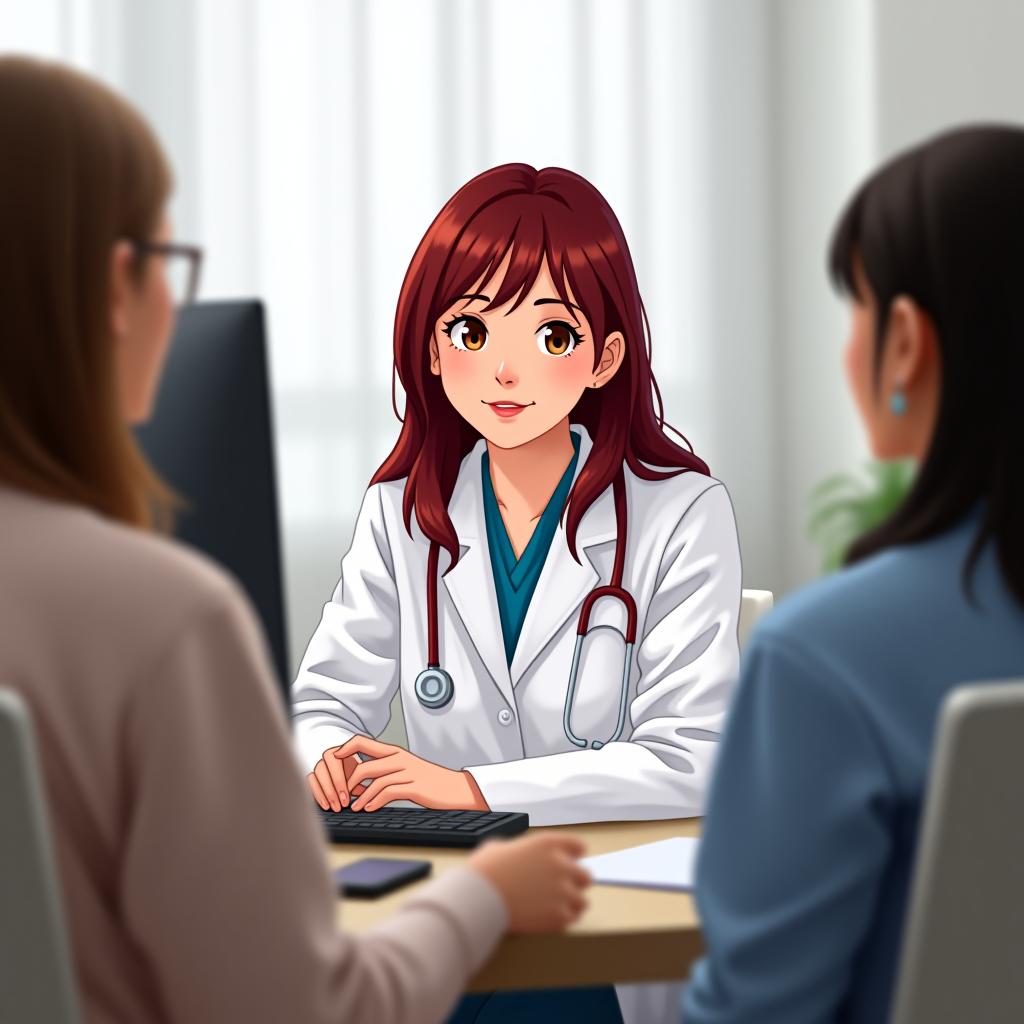  a girl with dark red hair in a white coat is sitting by the computer and consulting female patients; she is a gynecologist.