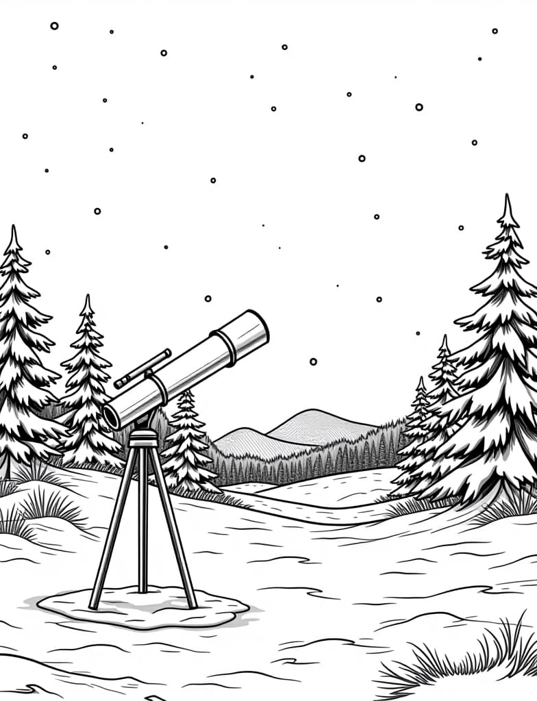  this is for an adult coloring page. a detailed black and white line art of a snowy winter stargazing scene with a telescope set up in the snow on a solid white background.