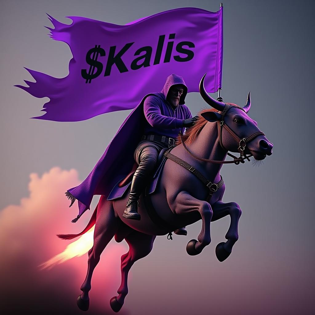  bull man riding a purple rocket while holding a purple flag. on the flag the word $kalis should be written. hyperrealistic, full body, detailed clothing, highly detailed, cinematic lighting, stunningly beautiful, intricate, sharp focus, f/1. 8, 85mm, (centered image composition), (professionally color graded), ((bright soft diffused light)), volumetric fog, trending on instagram, trending on tumblr, HDR 4K, 8K