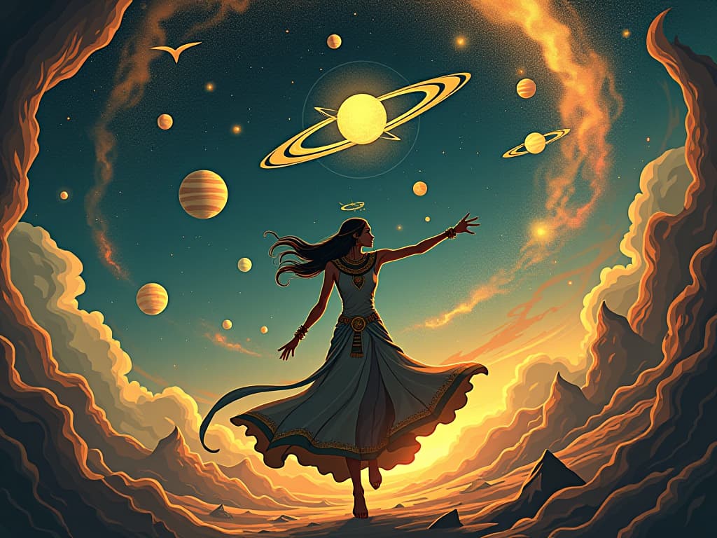  the cosmic dance of celestial bodies, stars and planets, moving in harmony, representing the universal dance of life, swirling patterns, ethereal beauty. the style is digital art illustration / modern comic book / mysterious occult, symbolic, esoteric vibe,high detail on character design, incorporating ancient egyptian symbology and attire.