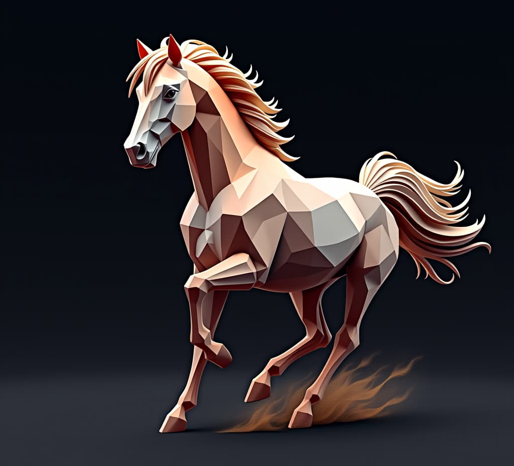  abstract polygonal horse, dynamic low poly galloping horse, high quality, high details, hd, perfect composition, 4k epic detailed, highly detailed, sharp focus, high resolution