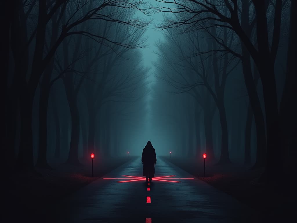  a shadowy road stretching into a dark forest with faint glows of lanterns guiding the path, symbolic crossroads sign, mood of contemplation.. the style is dark fantasy and mysterious occult, symbolic, moody lighting, esoteric vibe,high detail on character design. for the color scheme emphasize blacks and reds.