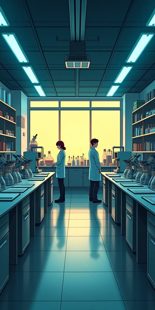  good quality, high quality, a wide angle manga style scene depicting a modern laboratory, filled with sleek lab equipment and glowing fluorescent lights. the setting is calm but busy, with workstations scattered with beakers, test tubes, and scientific apparatus. in the center of the room, there are large lab tables with open books, microscopes, and chemical vials neatly arranged. shelves lining the walls are stacked with research books and scientific journals. in the background, through a large window, the soft light of a late afternoon filters in, casting a warm glow across the room. two figures, the male and female scientists, are in different parts of the lab, both absorbed in their work but subtly aware of each other. the scene has a c