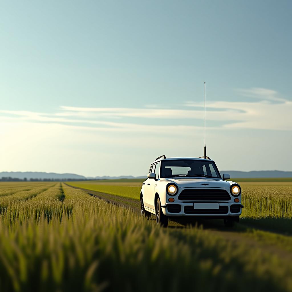  the niva car is driving along the edge of the fields with a white gnss antenna on the hood.