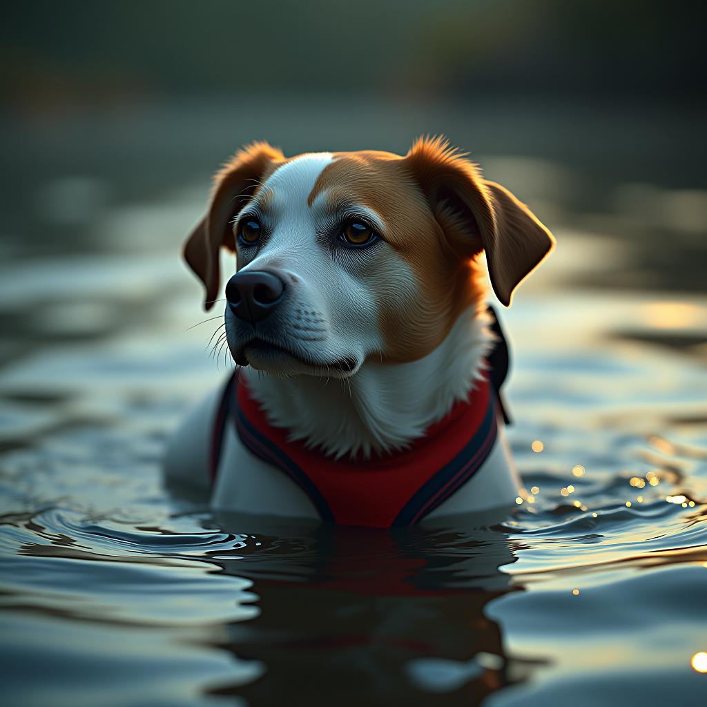  dog in the water hyperrealistic, full body, detailed clothing, highly detailed, cinematic lighting, stunningly beautiful, intricate, sharp focus, f/1. 8, 85mm, (centered image composition), (professionally color graded), ((bright soft diffused light)), volumetric fog, trending on instagram, trending on tumblr, HDR 4K, 8K