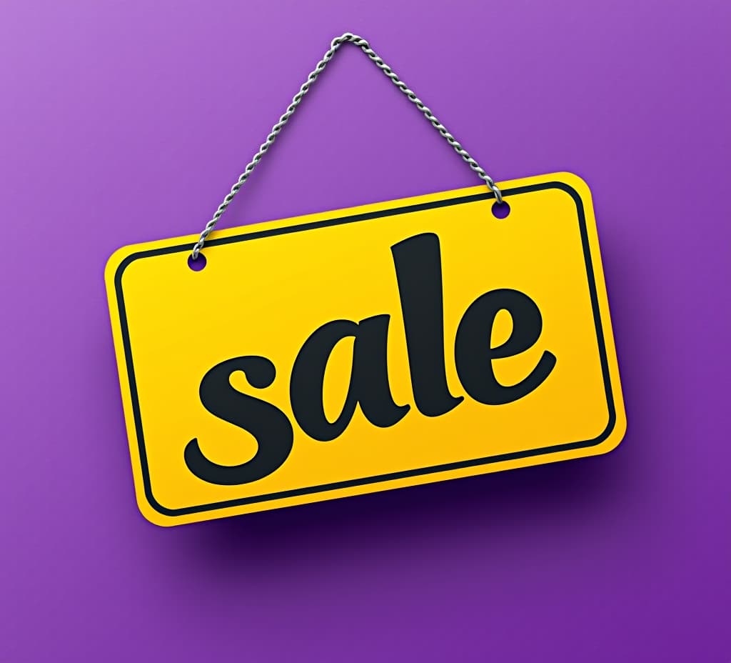  a purple background with a yellow and black sign that says "sale".