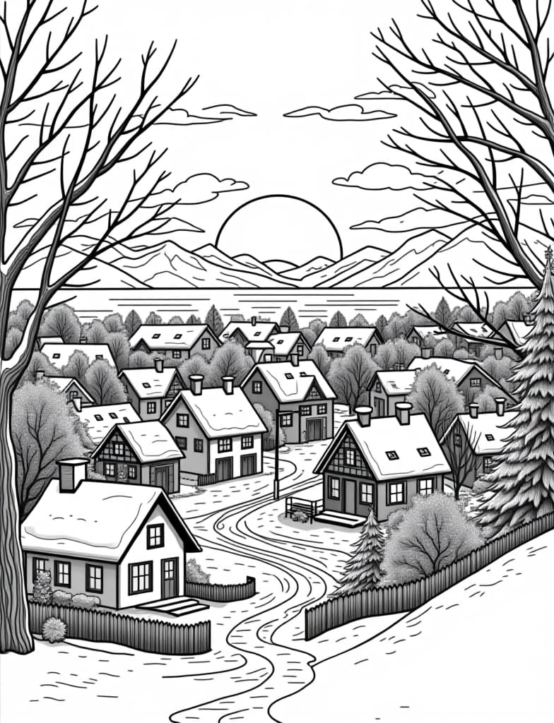  this is for an adult coloring page. a detailed black and white line art of a snowy winter sunrise over a snow covered town on a solid white background.