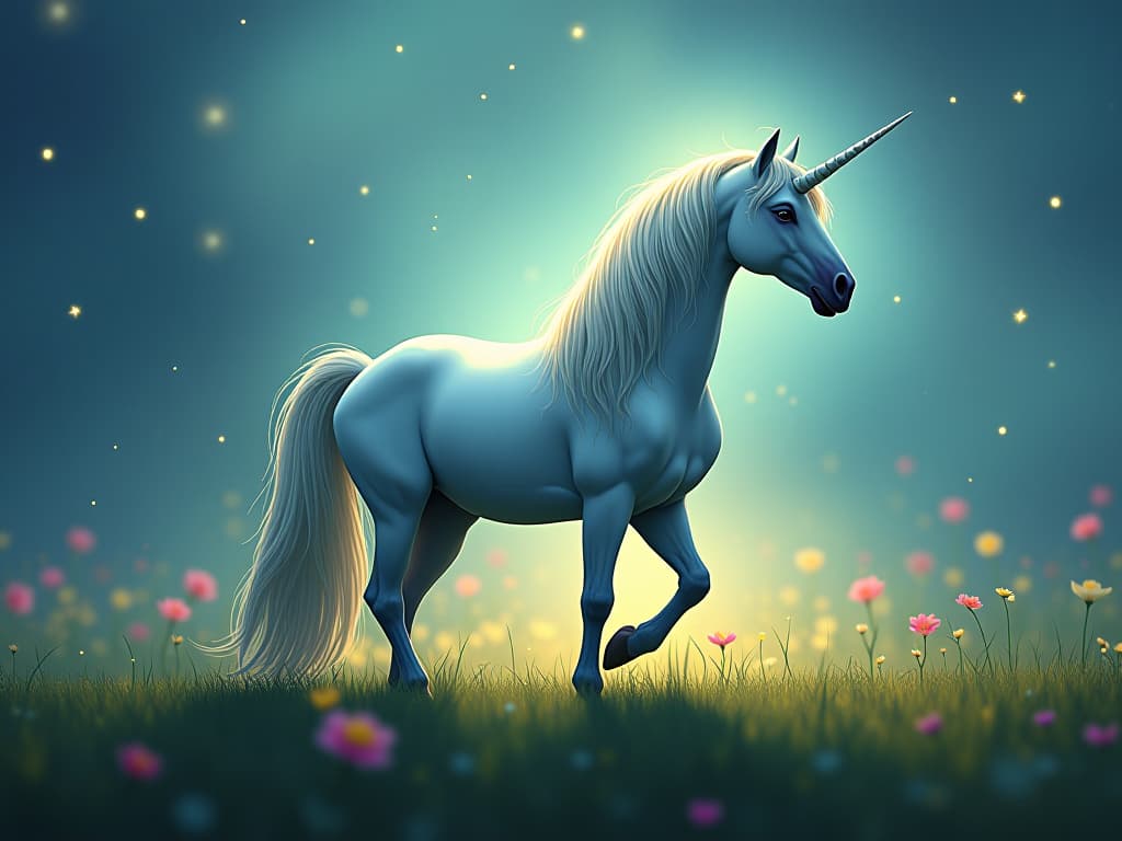  a majestic unicorn standing tall in a luminous, enchanted meadow, with faint glowing stars overhead. the scene evokes growth and evolution.. the style is digital art illustration,highly detailed, whimsical,magical, dreamlike atmosphere, realism and fantasy blend, smooth, glossy textures,luminous quality, wonder and enchantment.