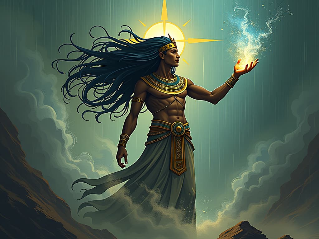  a figure conjuring storms, wind and rain swirling, opportunities manifesting in the form of tangible objects, aura of dynamic change. the style is digital art illustration / modern comic book / mysterious occult, symbolic, esoteric vibe,high detail on character design, incorporating ancient egyptian symbology and attire.