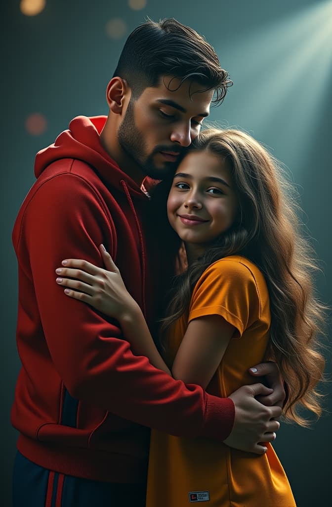  cristiano junior hugging a shorter girl who has brunette hair hyperrealistic, full body, detailed clothing, highly detailed, cinematic lighting, stunningly beautiful, intricate, sharp focus, f/1. 8, 85mm, (centered image composition), (professionally color graded), ((bright soft diffused light)), volumetric fog, trending on instagram, trending on tumblr, HDR 4K, 8K