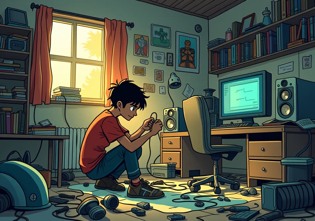  good quality, high quality, manga sytle, visual description: pranav in his cluttered bedroom, filled with scattered robot parts, wires, and computers. he is in the foreground, adjusting a wire with intense focus.text (top left, narration box): "meet pranav ajay, a genius programmer with one goal in mind..."