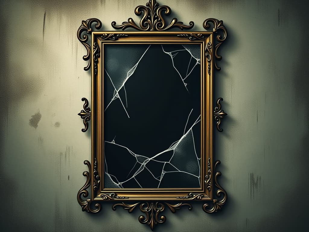  cracked mirror on a wall, intricate frame, dark shadowy reflection, symbol of neglect, unsettling, chaotic feel. an illustration in the style of a worn, mystical old tarot trump card, mysterious and elements of surrealism. the colors are muted, somber and eerie, but with contrast bring out an occult and esoteric vibe.