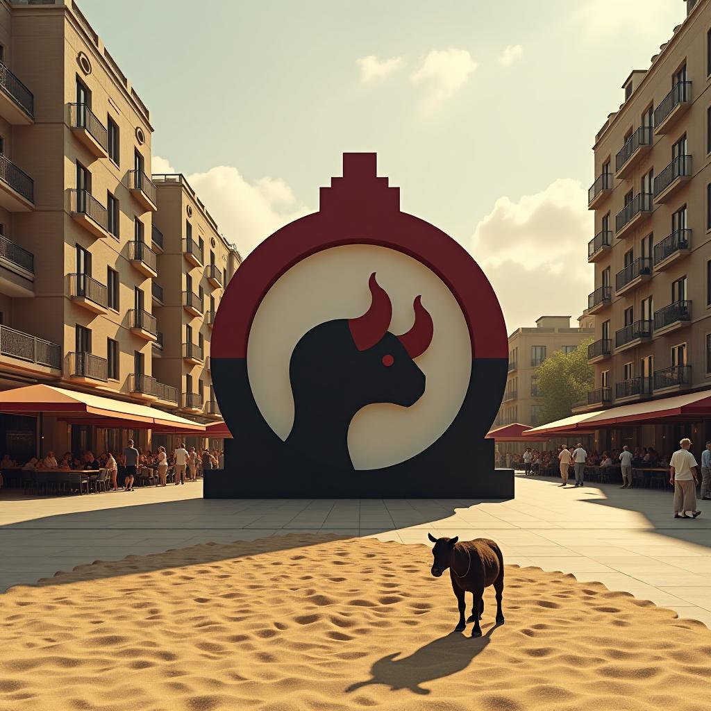  design a logo, un toro pilla a un chico en el suelo en una plaza con arena y mucha gente