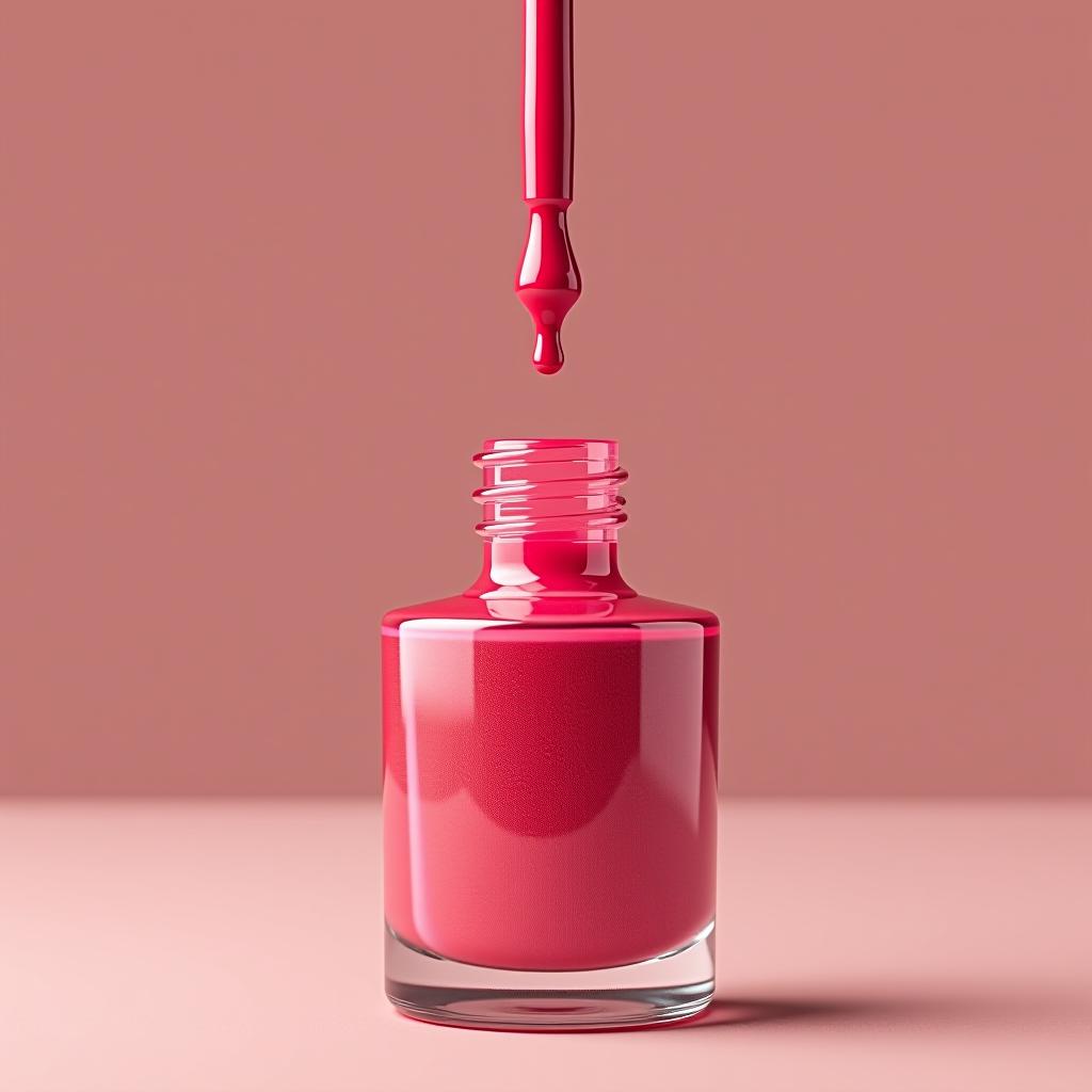  a nail polish bottle with a dangling brush and a drop of polish.