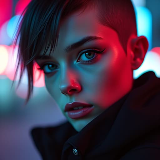  ultra realistic close up portrait ((beautiful pale cyberpunk female with heavy black eyeliner)), blue eyes, shaved side haircut, hyper detail, cinematic lighting, magic neon, dark red city, canon eos r3, nikon, f/1.4, iso 200, 1/160s, 8k, raw, unedited, symmetrical balance, in frame, 8k hyperrealistic, full body, detailed clothing, highly detailed, cinematic lighting, stunningly beautiful, intricate, sharp focus, f/1. 8, 85mm, (centered image composition), (professionally color graded), ((bright soft diffused light)), volumetric fog, trending on instagram, trending on tumblr, HDR 4K, 8K