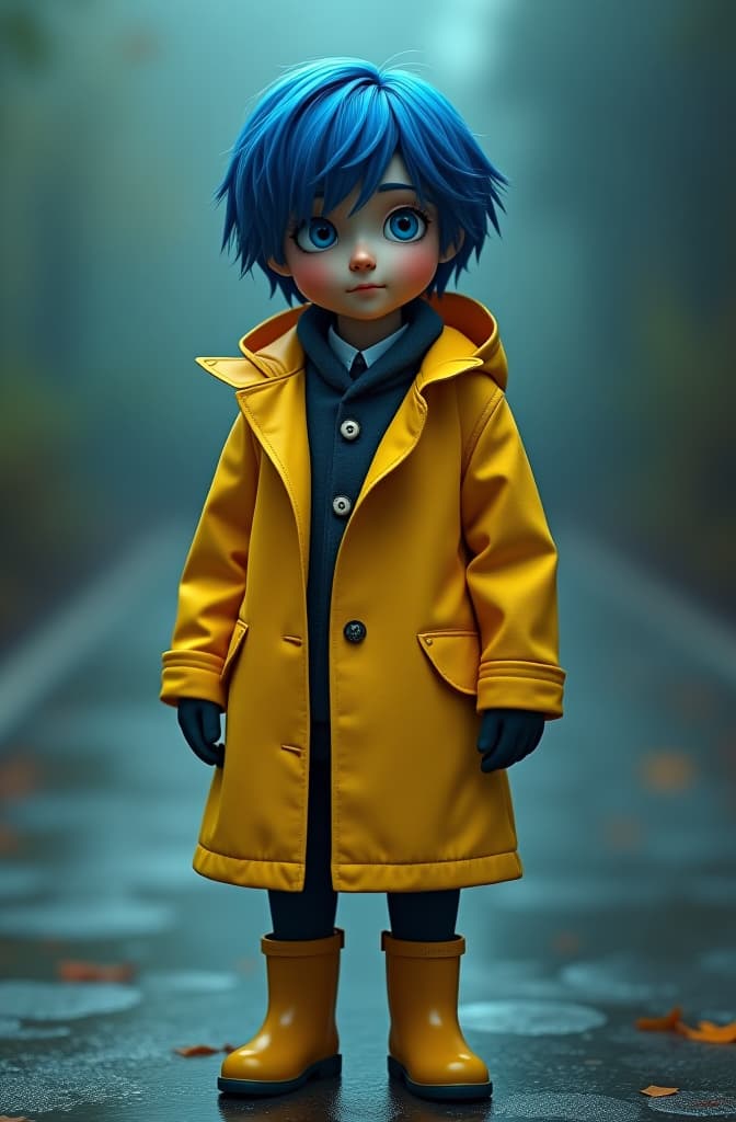  create a realistic image of jeon jungkook from bts, portraying the character coraline in of the movie 'coraline.' he should have coraline's signature blue hair, button eyes, and wear a yellow raincoat with matching boots. hyperrealistic, full body, detailed clothing, highly detailed, cinematic lighting, stunningly beautiful, intricate, sharp focus, f/1. 8, 85mm, (centered image composition), (professionally color graded), ((bright soft diffused light)), volumetric fog, trending on instagram, trending on tumblr, HDR 4K, 8K