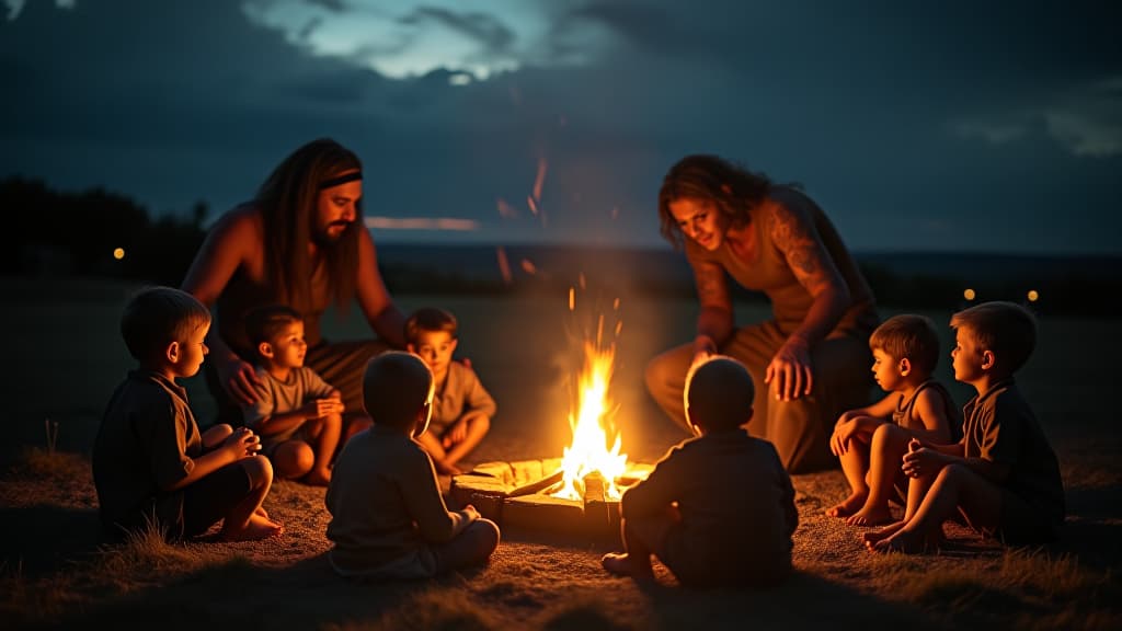  history of biblical times, a metaphorical depiction of the nephilim's legacy, showing children gathering around campfires, sharing tales of giants and ancient heroes. hyperrealistic, full body, detailed clothing, highly detailed, cinematic lighting, stunningly beautiful, intricate, sharp focus, f/1. 8, 85mm, (centered image composition), (professionally color graded), ((bright soft diffused light)), volumetric fog, trending on instagram, trending on tumblr, HDR 4K, 8K