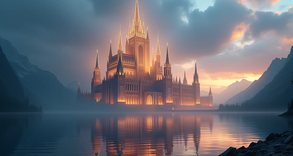  a grand, ethereal palace with glowing spires, reflecting in a serene, shimmering lake, symbolizing the transformation for all to see.. the style is digital art illustration,highly detailed, whimsical,magical, dreamlike atmosphere, realism and fantasy blend, smooth, glossy textures,luminous quality, wonder and enchantment.