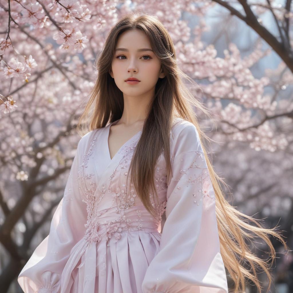 ((masterpiece)),(((best quality))), 8k, high detailed, ultra detailed, A girl with long hair in the style of Haruhiko Mikimoto, long flowing hair, (anime style eyes), (soft pastel colors), (cherry blossom petals floating in the background) hyperrealistic, full body, detailed clothing, highly detailed, cinematic lighting, stunningly beautiful, intricate, sharp focus, f/1. 8, 85mm, (centered image composition), (professionally color graded), ((bright soft diffused light)), volumetric fog, trending on instagram, trending on tumblr, HDR 4K, 8K