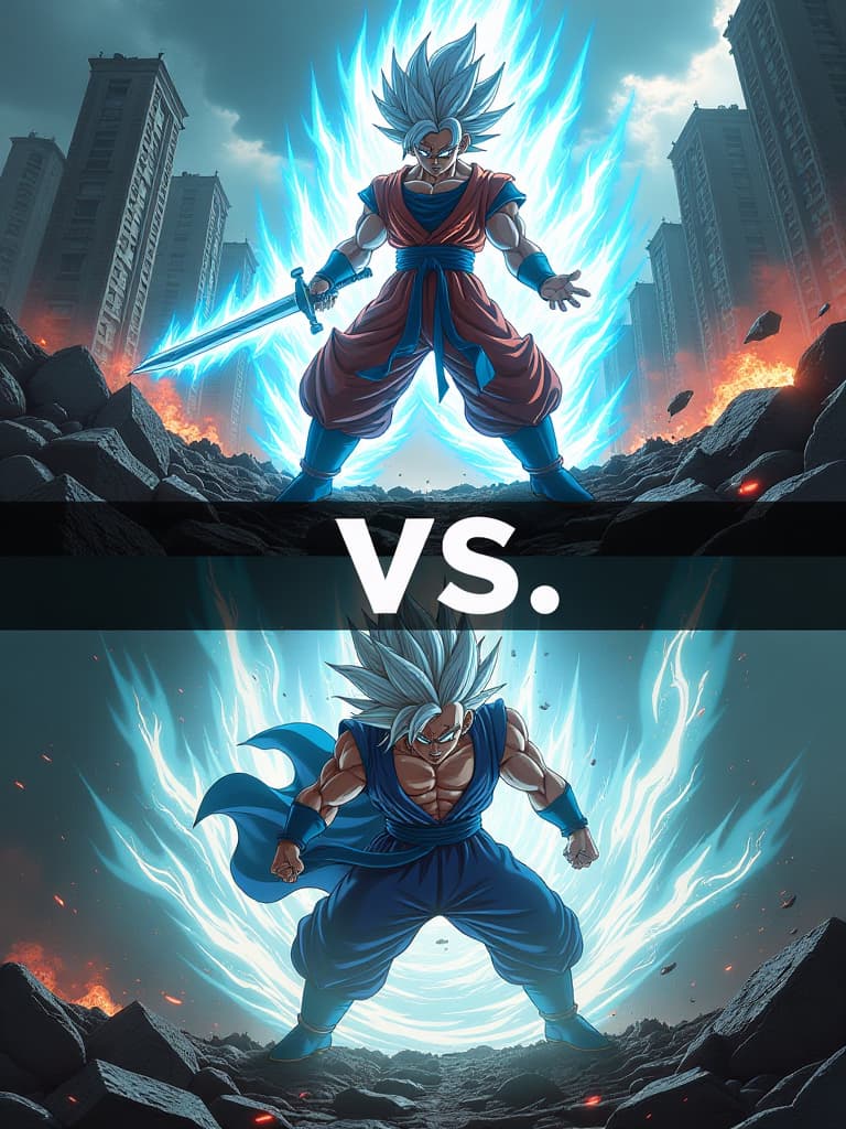  prompt: the image depicts a fierce battle between trunks and zamasu. the top half features trunks in his super saiyan form, sword drawn and surrounded by a blue aura, standing in a devastated cityscape with buildings crumbling around him. the bottom half shows zamasu, with a sinister smile and his staff in hand, amidst a swirling vortex of energy. the word "vs" is boldly displayed in the center, emphasizing their epic confrontation. image ultra realistic 32k image quality hyperrealistic, full body, detailed clothing, highly detailed, cinematic lighting, stunningly beautiful, intricate, sharp focus, f/1. 8, 85mm, (centered image composition), (professionally color graded), ((bright soft diffused light)), volumetric fog, trending on instagram, trending on tumblr, HDR 4K, 8K