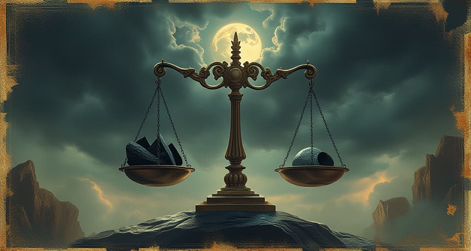  intricately balanced scales, one side weighted with dark, heavy stones, the other side empty, floating in a stormy sky, sense of cosmic justice. an illustration in the style of a worn, mystical old tarot trump card, mysterious and elements of surrealism. the colors are muted, somber and eerie, but with contrast bring out an occult and esoteric vibe.