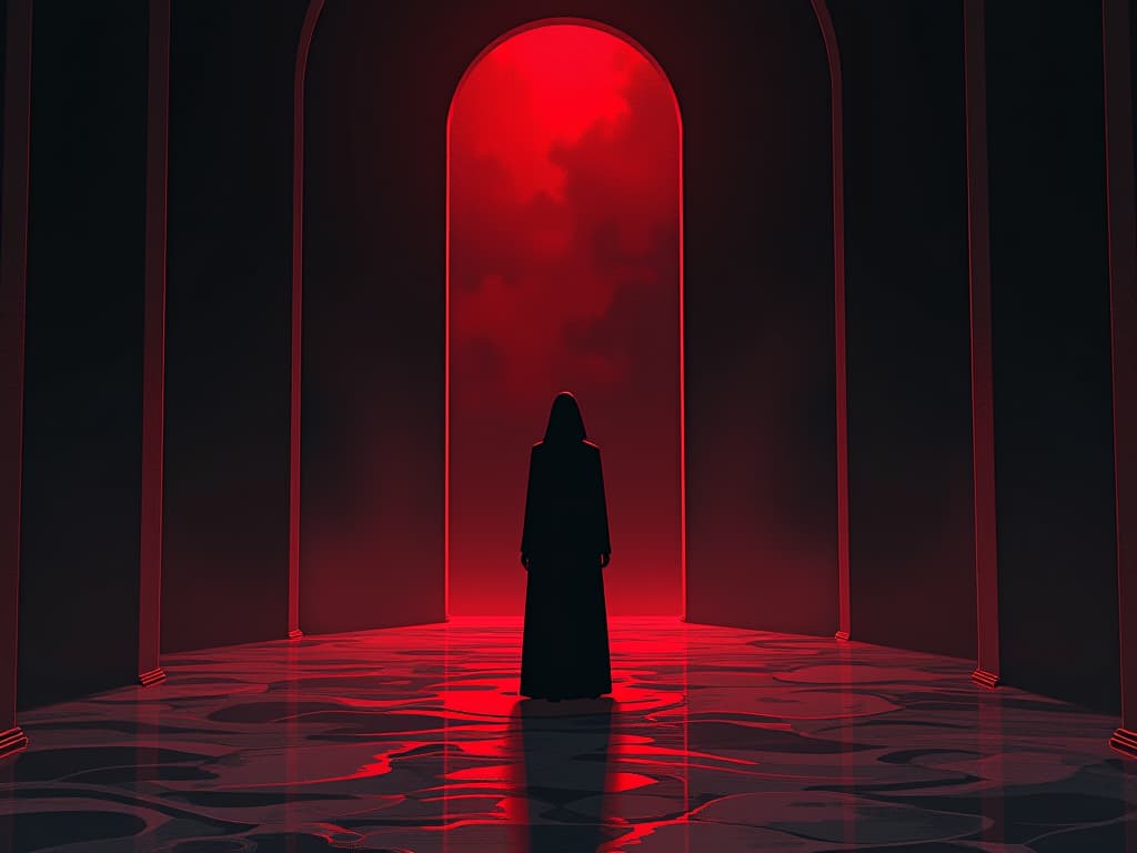  laughter echoing in a dark, empty hall, haunting and hollow, creating eerie reverb. the style is digital art illustration / modern comic book / graphic dark novel fantasy and mysterious occult, symbolic, moody lighting, esoteric vibe,high detail on character design. for the color scheme emphasize blacks and reds.