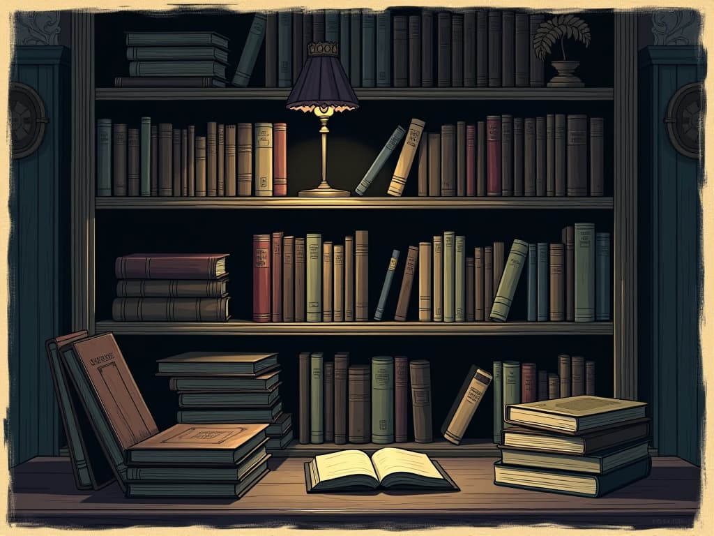  a bookshelf filled with horror films and dark arts books, dim light casting long shadows, sense of hidden peril and dark allure. an illustration in the style of a worn, mystical old tarot trump card, mysterious and elements of surrealism. the colors are muted, somber and eerie, but with contrast bring out an occult and esoteric vibe.