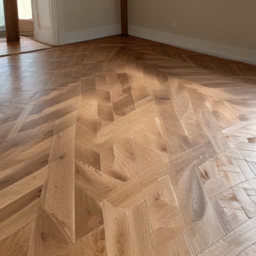 A photo of elegant hardwood floor planks being arranged in a meticulous herringbone pattern by a skilled artisan in a spacious, sunlit Orlando loft during golden hour.