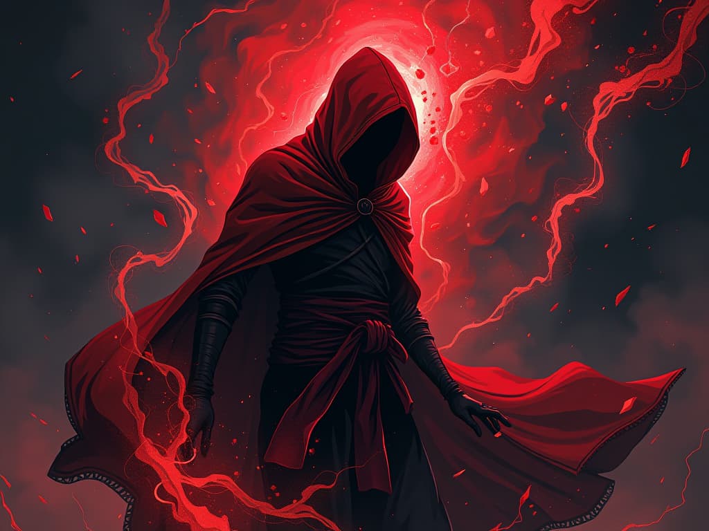  red hooded figure, caught in a mystical storm, internal conflict visualized as swirling energies, sense of personal struggle. the style is digital art illustration / modern comic book / graphic dark novel fantasy and mysterious occult, symbolic, moody lighting, esoteric vibe,high detail on character design. for the color scheme emphasize blacks and reds.