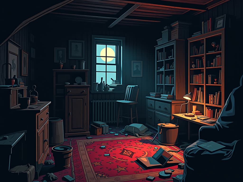  a dusty attic filled with old, forgotten items, moonlight streaming through a small window, sense of rediscovery. the style is digital art illustration / modern comic book / graphic dark novel fantasy and mysterious occult, symbolic, moody lighting, esoteric vibe,high detail on character design. for the color scheme emphasize blacks and reds.