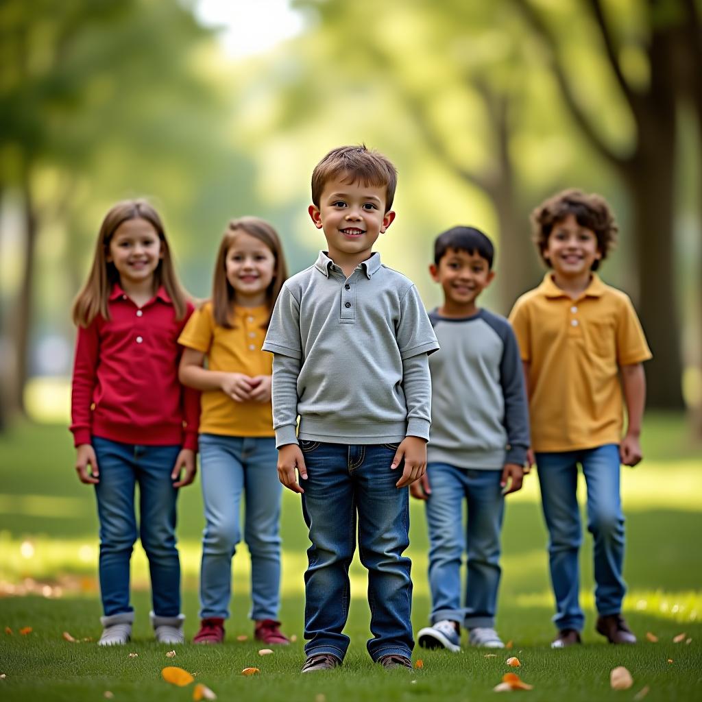  a first grade boy is standing with his friends in the park.