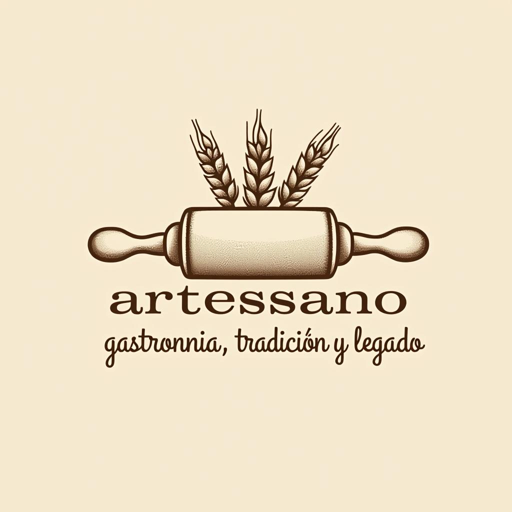  design a logo, in a pencil style. marca “artessano” agregar elemento de repostería como rolling pin, stick of butter, ear of wheat, flour light colors and shades of brown minimalista, simple y elegante, with the text 'gastronomía, tradición y legado '.