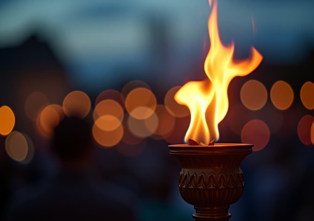  a vibrant flame illuminates a decorative torch, set against a blurred backdrop of evening lights, symbolizing celebration and unity